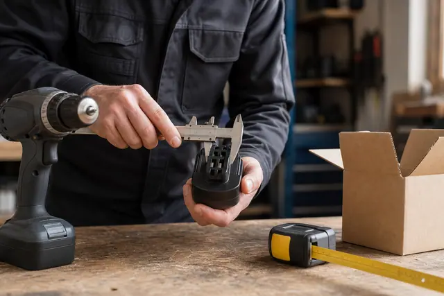 Particulier vérifiant la compatibilité d’une batterie et d’une perceuse avant commande