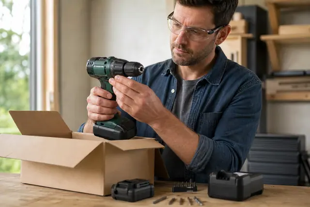 Bricoleur vérifiant une perceuse sans fil et ses accessoires à réception.