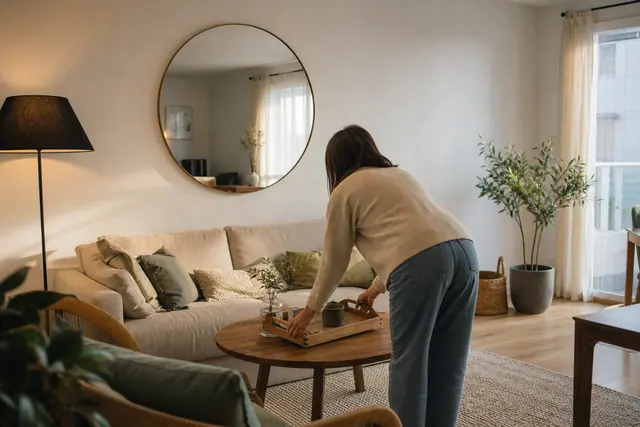 Salon lumineux avec miroir, lampadaire, tapis, plante verte et panier de rangement.
