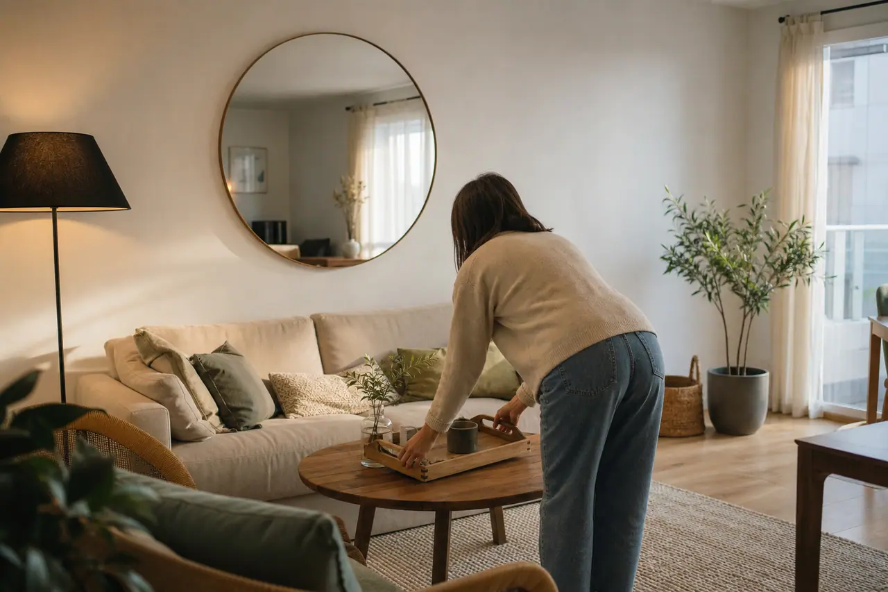 Salon lumineux avec miroir, lampadaire, tapis, plante verte et panier de rangement.