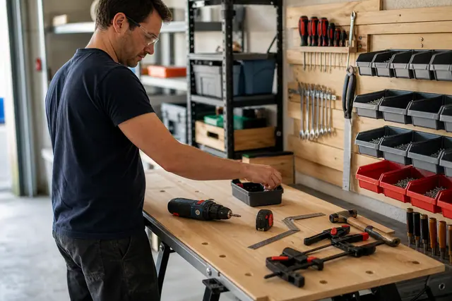 Atelier domestique rangé avec établi, perceuse et protections à portée de main