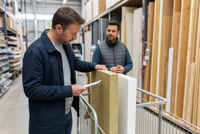 Client comparant des matériaux de rénovation dans un magasin de bricolage