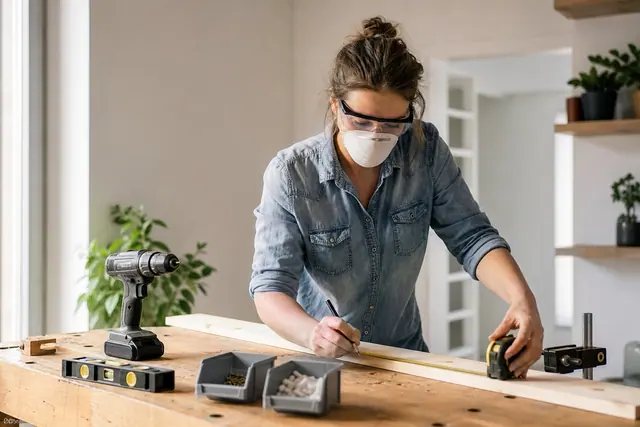 Débutant équipé mesurant une planche sur établi avec outils rangés.