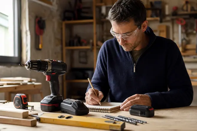 Établi équipé d’une perceuse, d’outils manuels et de protections individuelles.