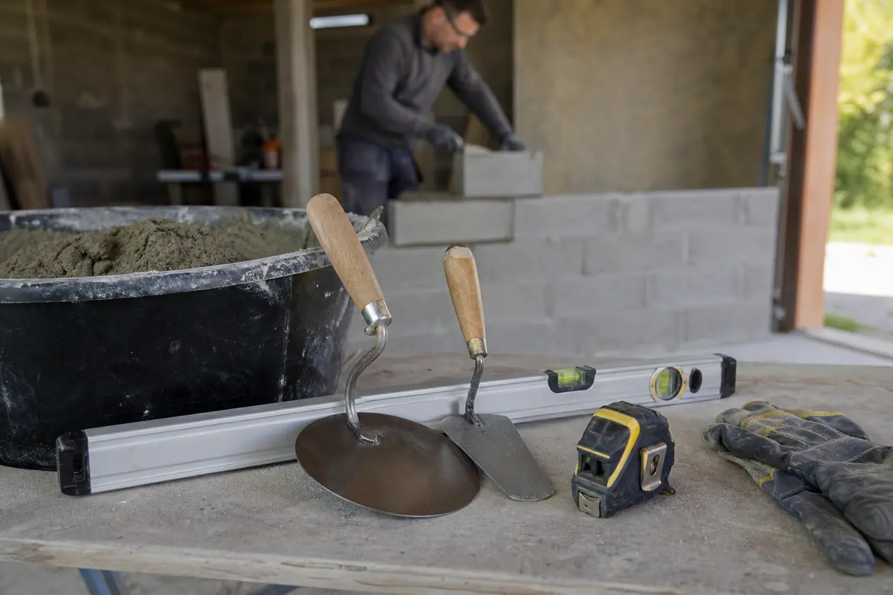 Outils de maçonnerie rangés près d’une auge de mortier sur un chantier domestique.