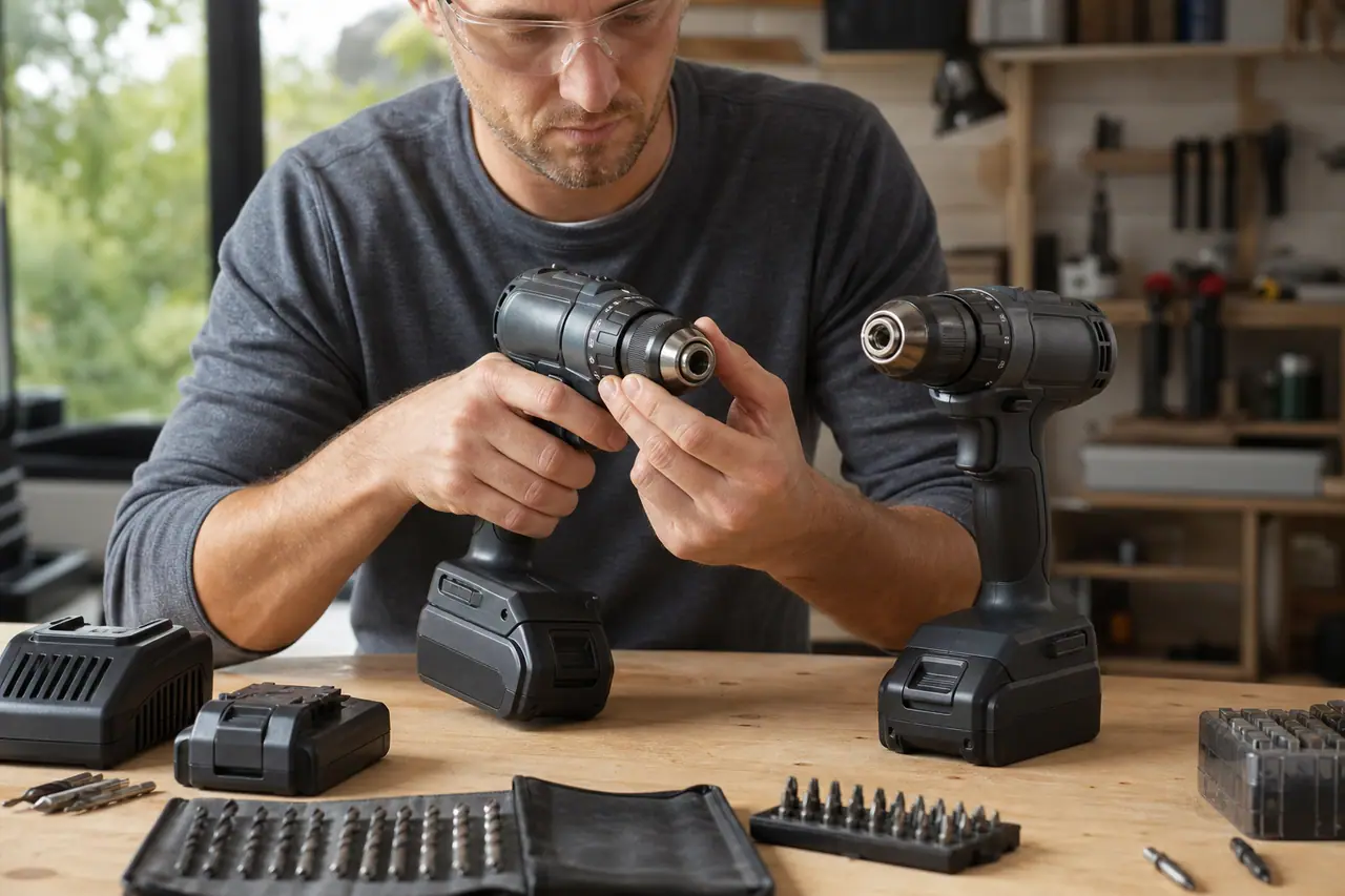 Comparaison de deux visseuses sans fil sur un établi d’atelier domestique.