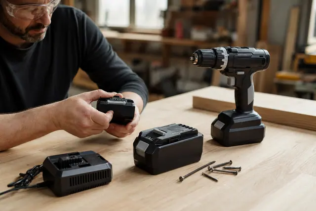 Batteries 18 V et perceuse-visseuse préparées sur un établi d’atelier.
