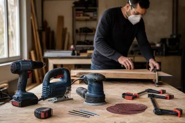 Trois outils électroportatifs essentiels alignés sur un établi avec accessoires de bricolage.