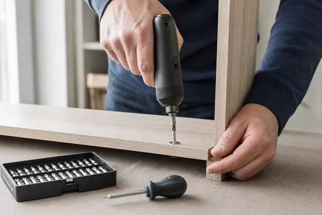 Tournevis électrique compact utilisé pour assembler une charnière de meuble en mélaminé.