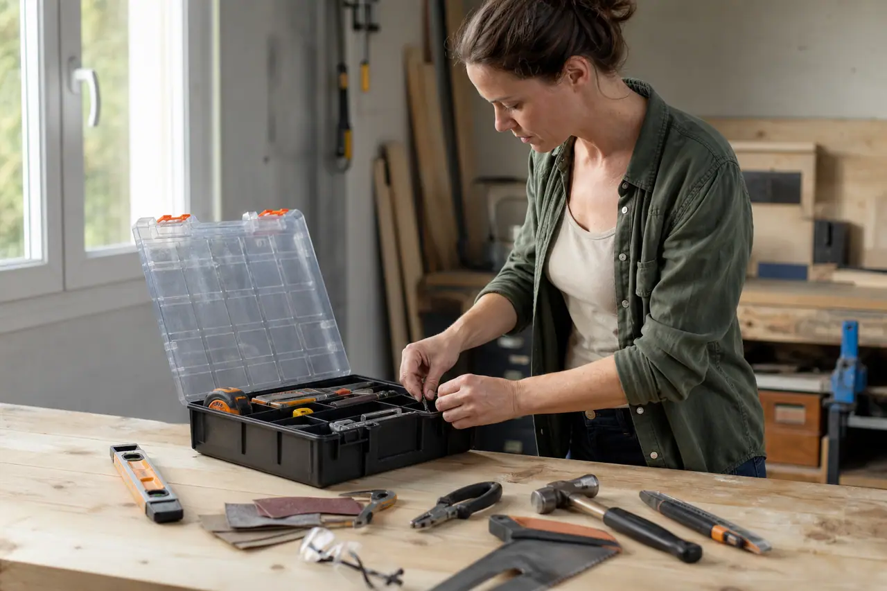 Bricoleuse organisant les outils essentiels dans une boîte à compartiments sur un établi.