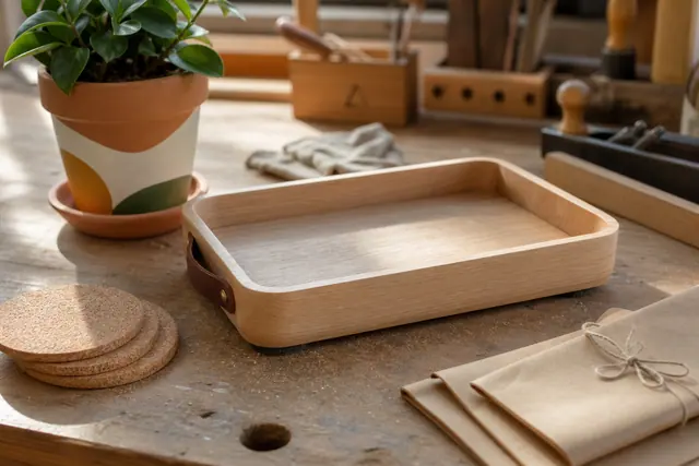 Plateau vide-poche en bois et cadeaux DIY emballés sur une table d’atelier.