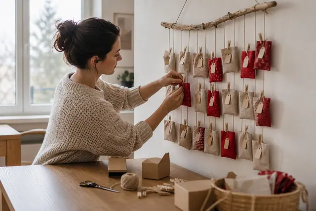 Calendrier de l’Avent en pochettes tissu suspendues à une branche décorative.