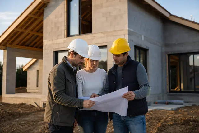 Couple vérifiant les plans avec un conducteur devant une maison en construction.