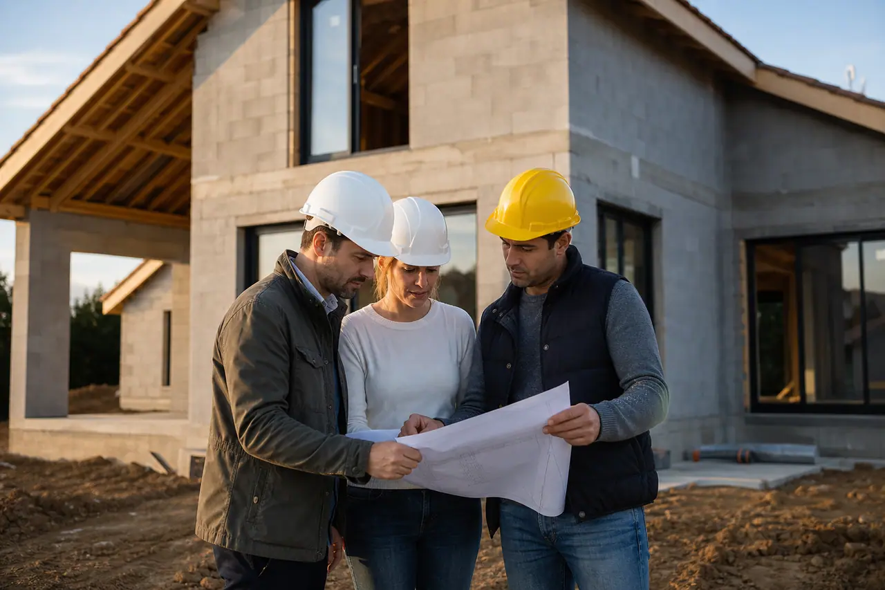 Couple vérifiant les plans avec un conducteur devant une maison en construction.