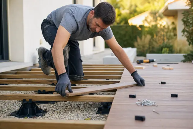 Pose précise de lames sur lambourdes pour une terrasse bois sur plots.