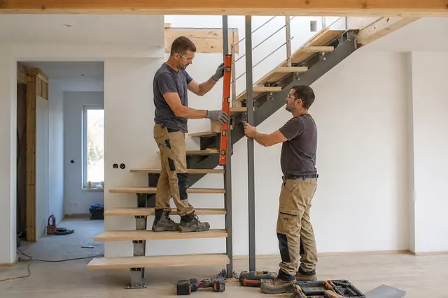Deux bricoleurs règlent un escalier en kit sous une trémie sécurisée.