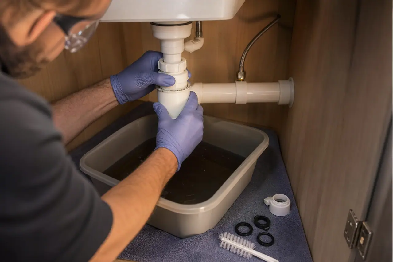 Nettoyage manuel d’un siphon PVC de lavabo au-dessus d’une bassine