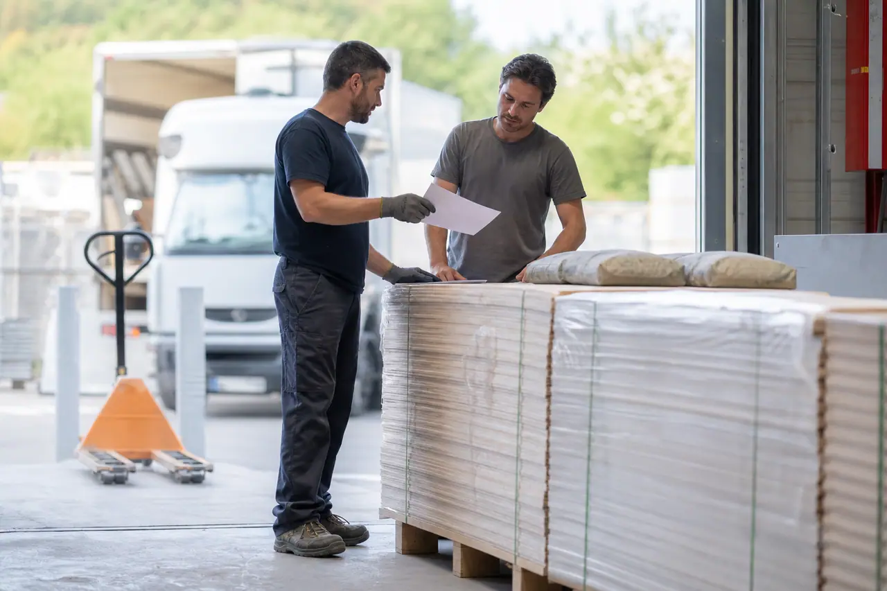 Client et employé contrôlent une palette de matériaux avant livraison au chantier.