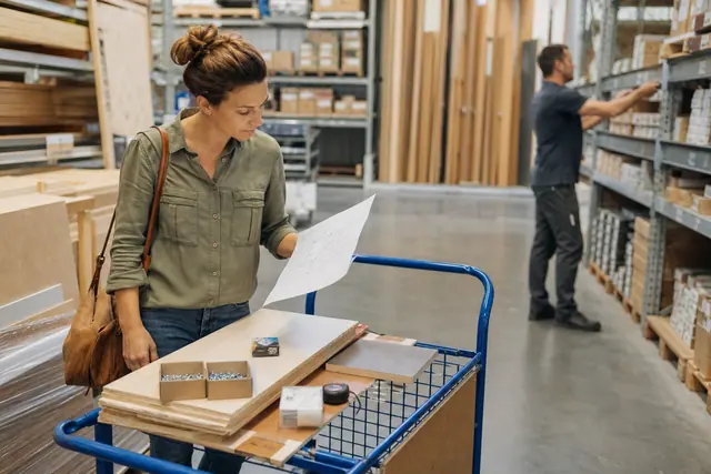 Cliente préparée vérifiant sa liste de matériaux dans un magasin de bricolage.