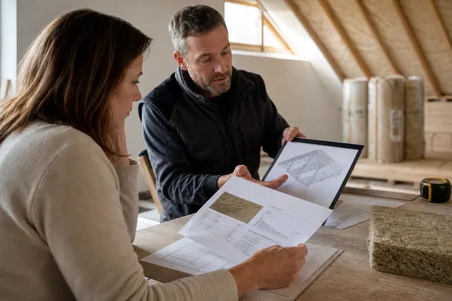 Propriétaire et artisan vérifiant un devis d’isolation dans des combles rénovés.
