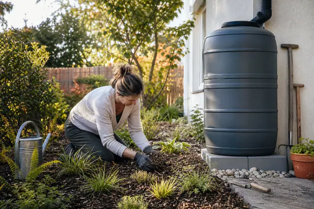 Jardinière paillant des vivaces près d'un récupérateur d'eau dans un jardin.