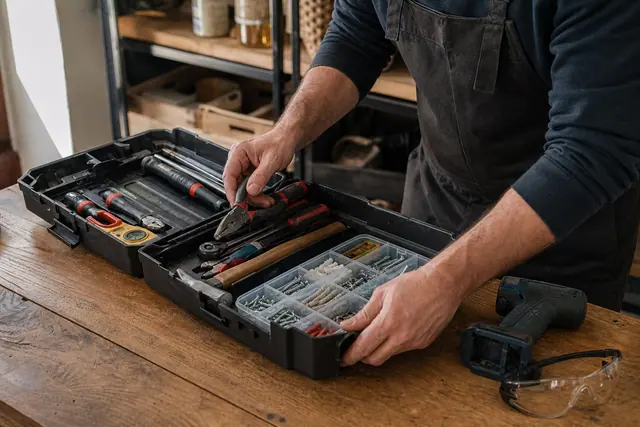 Boîte ouverte avec outils manuels, vis et perceuse rangés sur un établi