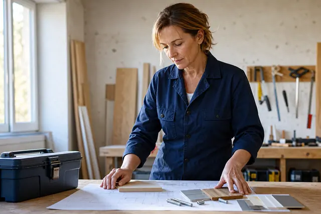 Artisane préparant un devis et des échantillons dans son atelier de rénovation.