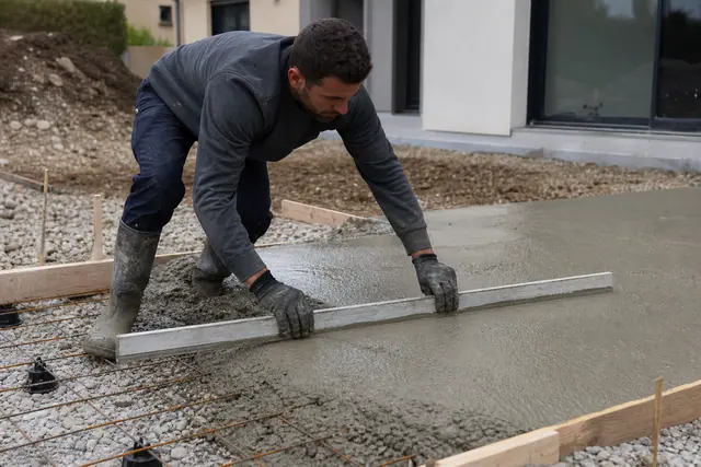 Maçon réglant une dalle fraîche dans un coffrage de terrasse extérieure.