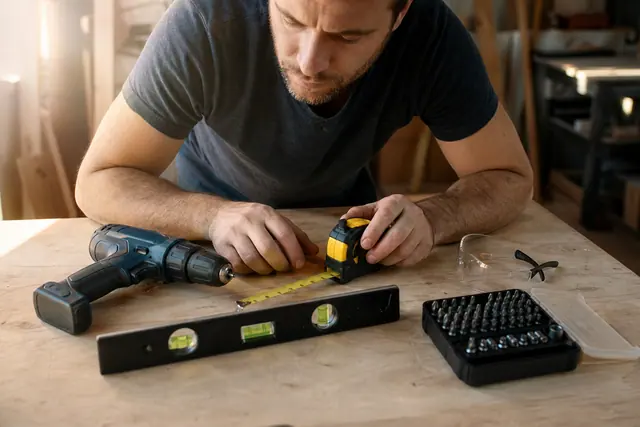 Bricoleur comparant une perceuse sans fil et des outils essentiels sur établi.