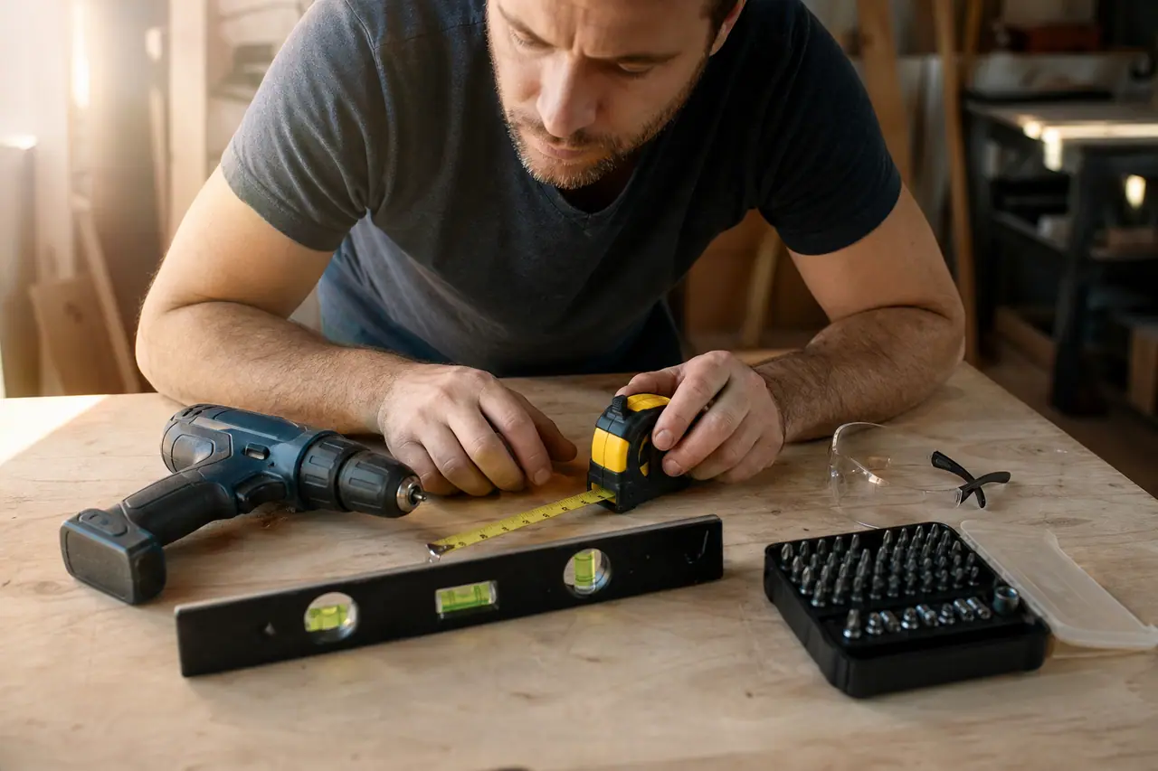 Bricoleur comparant une perceuse sans fil et des outils essentiels sur établi.