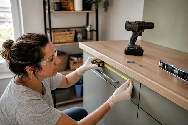 Une femme mesure une poignée de meuble avant une réparation en cuisine.