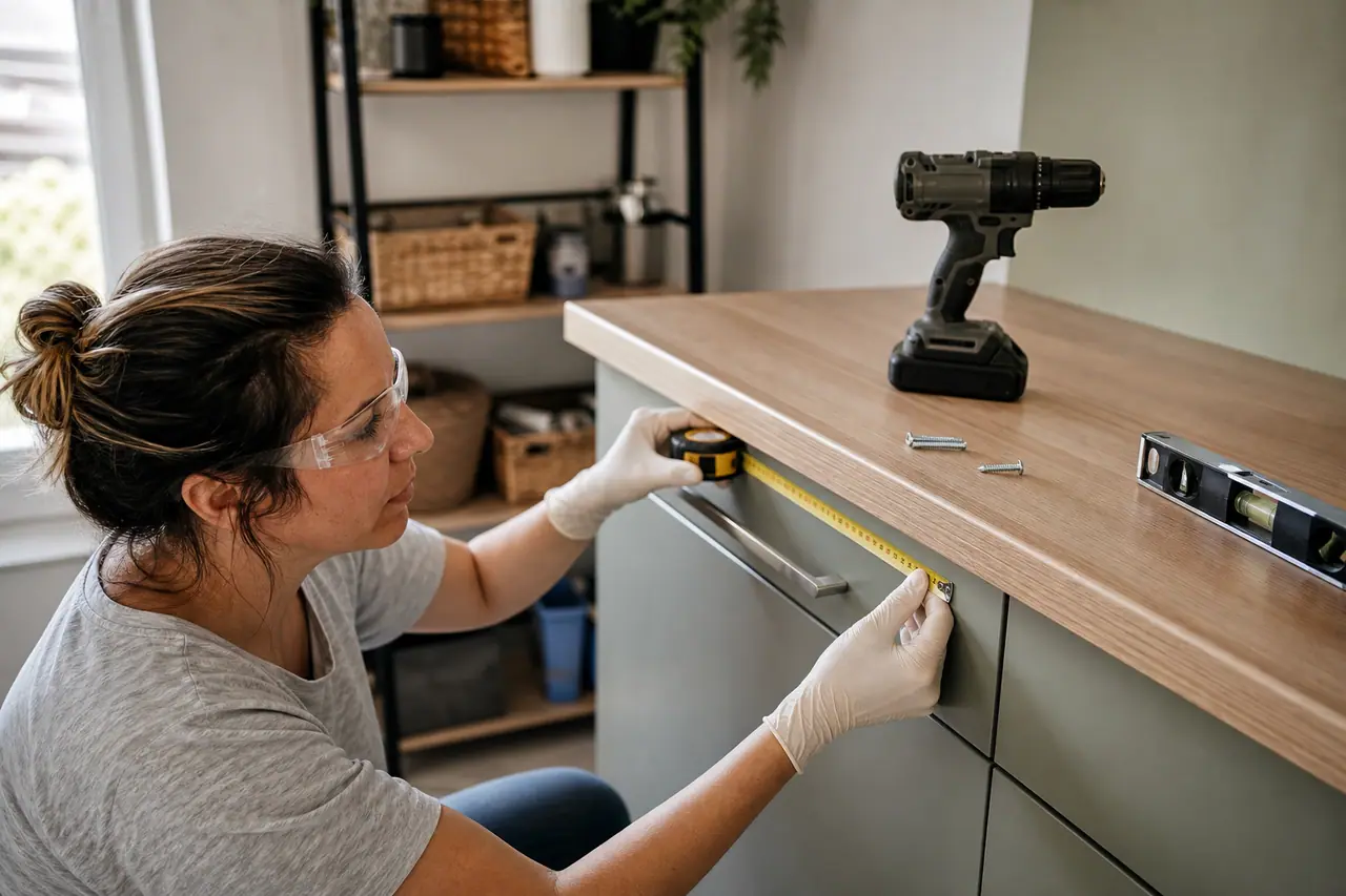 Une femme mesure une poignée de meuble avant une réparation en cuisine.