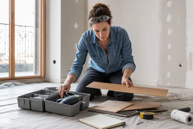 Propriétaire comparant outil loué et matériaux de rénovation dans un appartement.