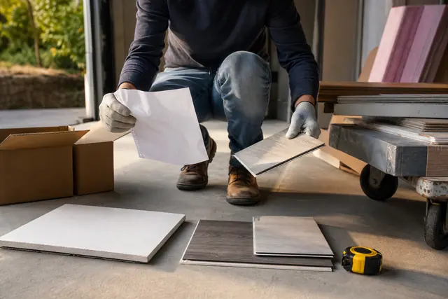 Particulier comparant des matériaux de rénovation dans un garage bien rangé.