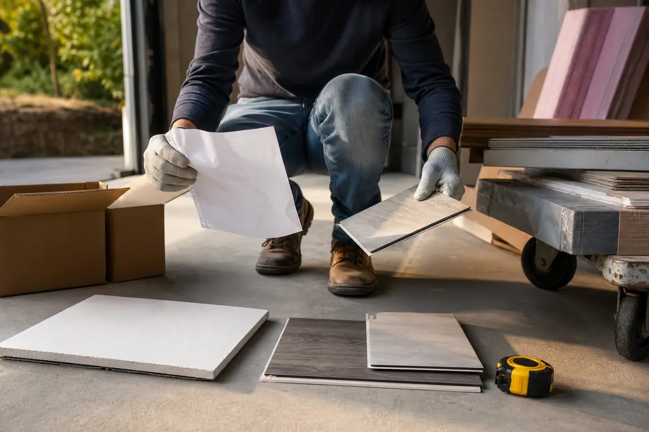Particulier comparant des matériaux de rénovation dans un garage bien rangé.