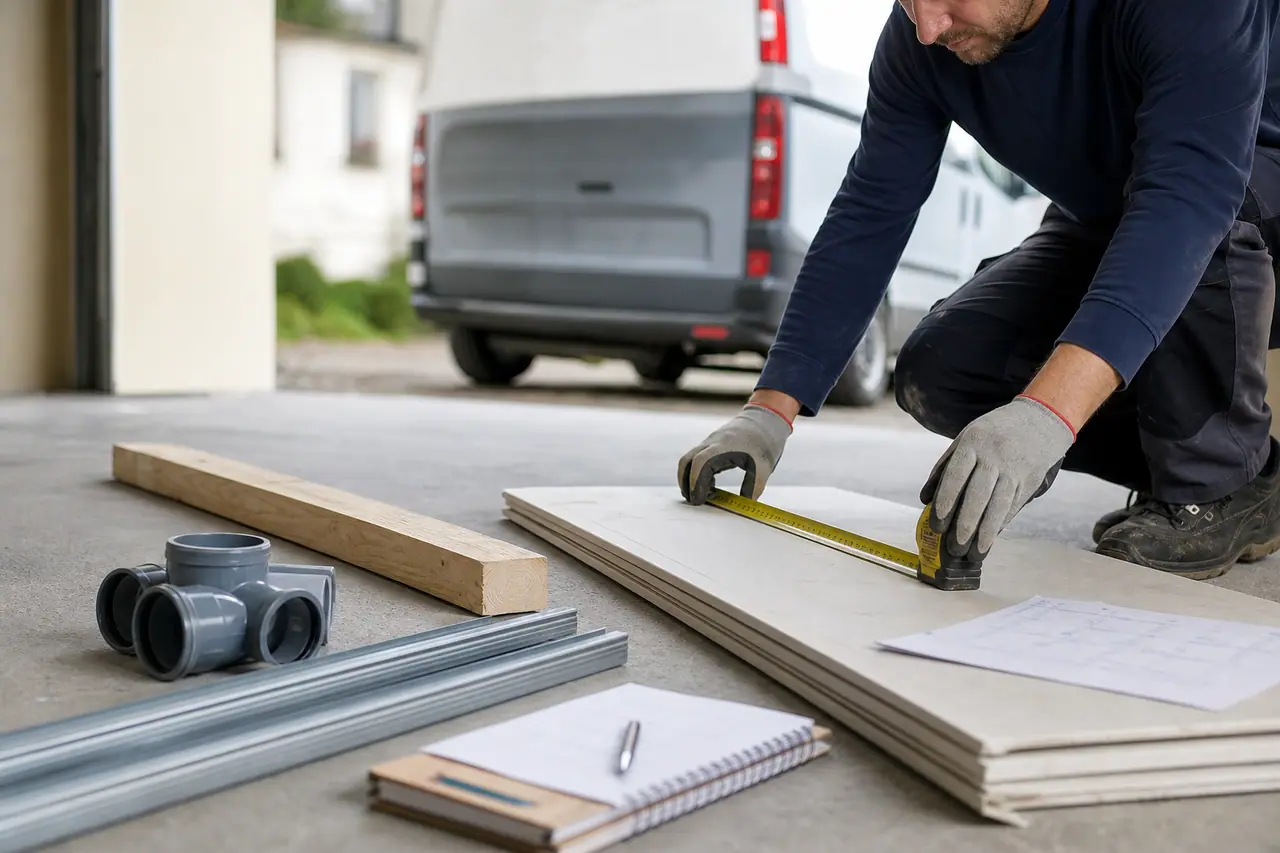 Particulier mesurant ses matériaux avant un retrait de commande travaux.
