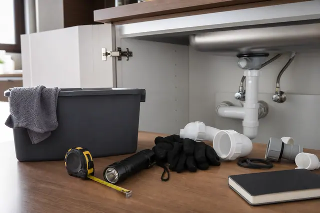 Kit de dépannage plomberie et éclairage préparé sur un plan de travail.