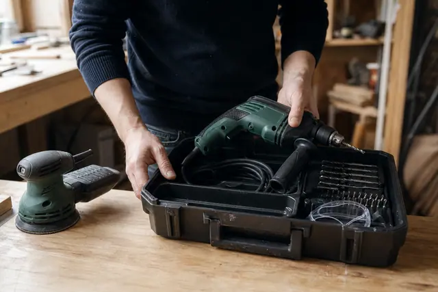 Outils électriques et accessoires rangés dans un atelier domestique lumineux