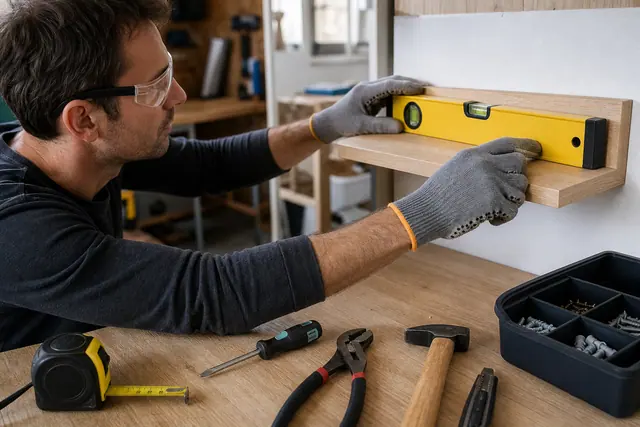 Débutant équipé de lunettes alignant une étagère avec niveau et outils manuels.