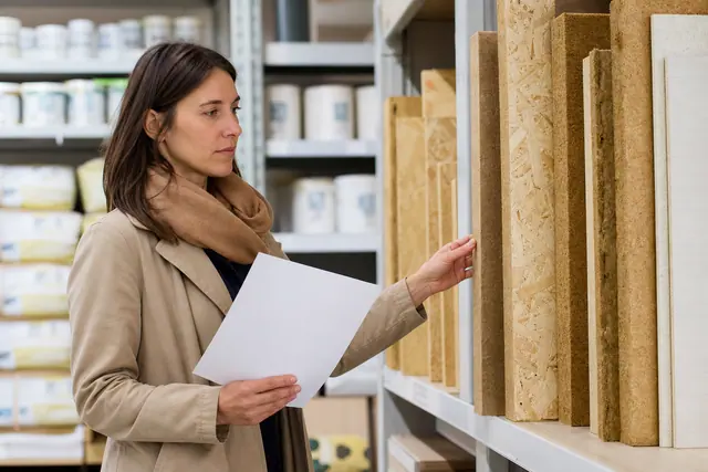 Cliente comparant des panneaux isolants et du bois dans un magasin de matériaux.