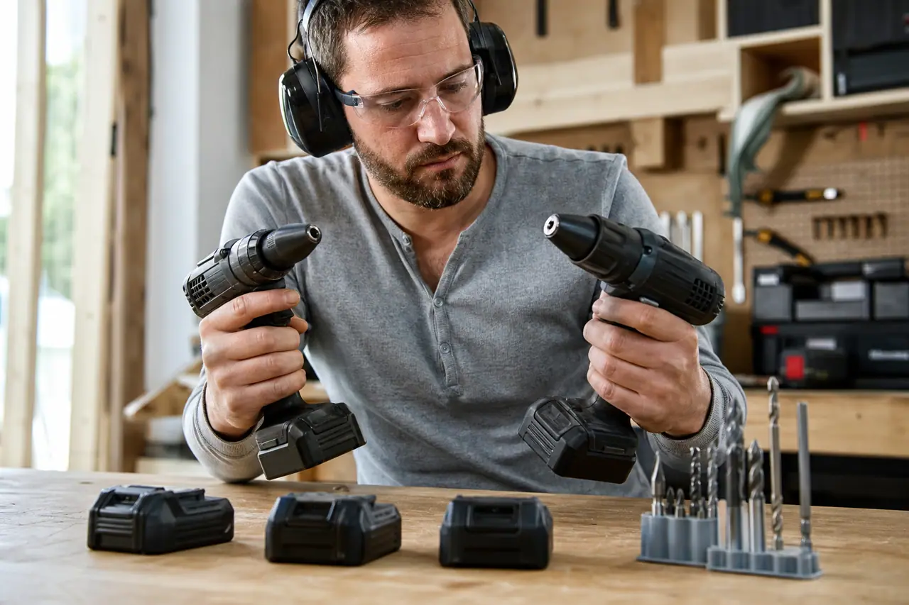 Bricoleur comparant deux perceuses sans fil et leurs batteries sur un établi