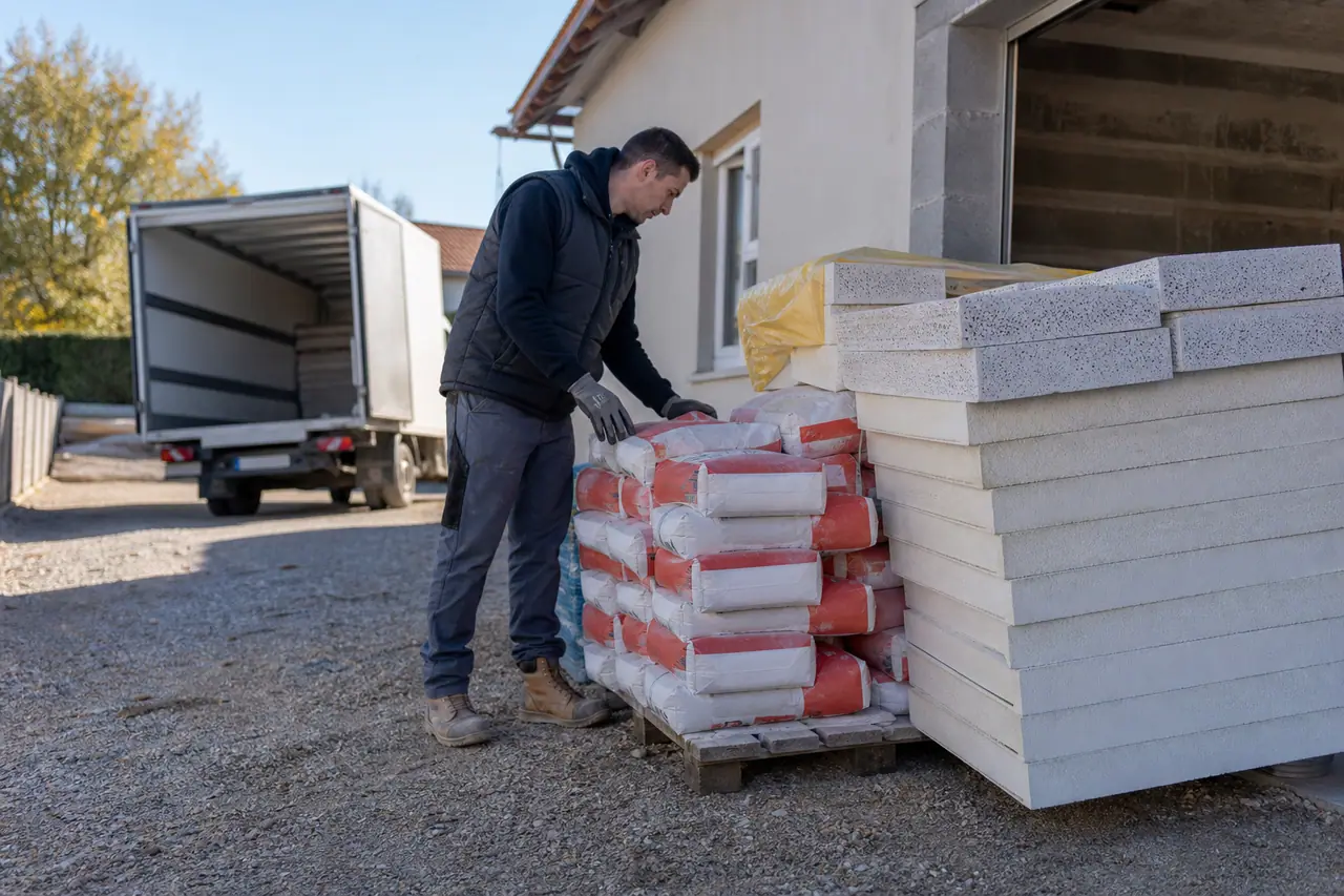 Particulier contrôlant une palette de matériaux livrée devant une maison en rénovation