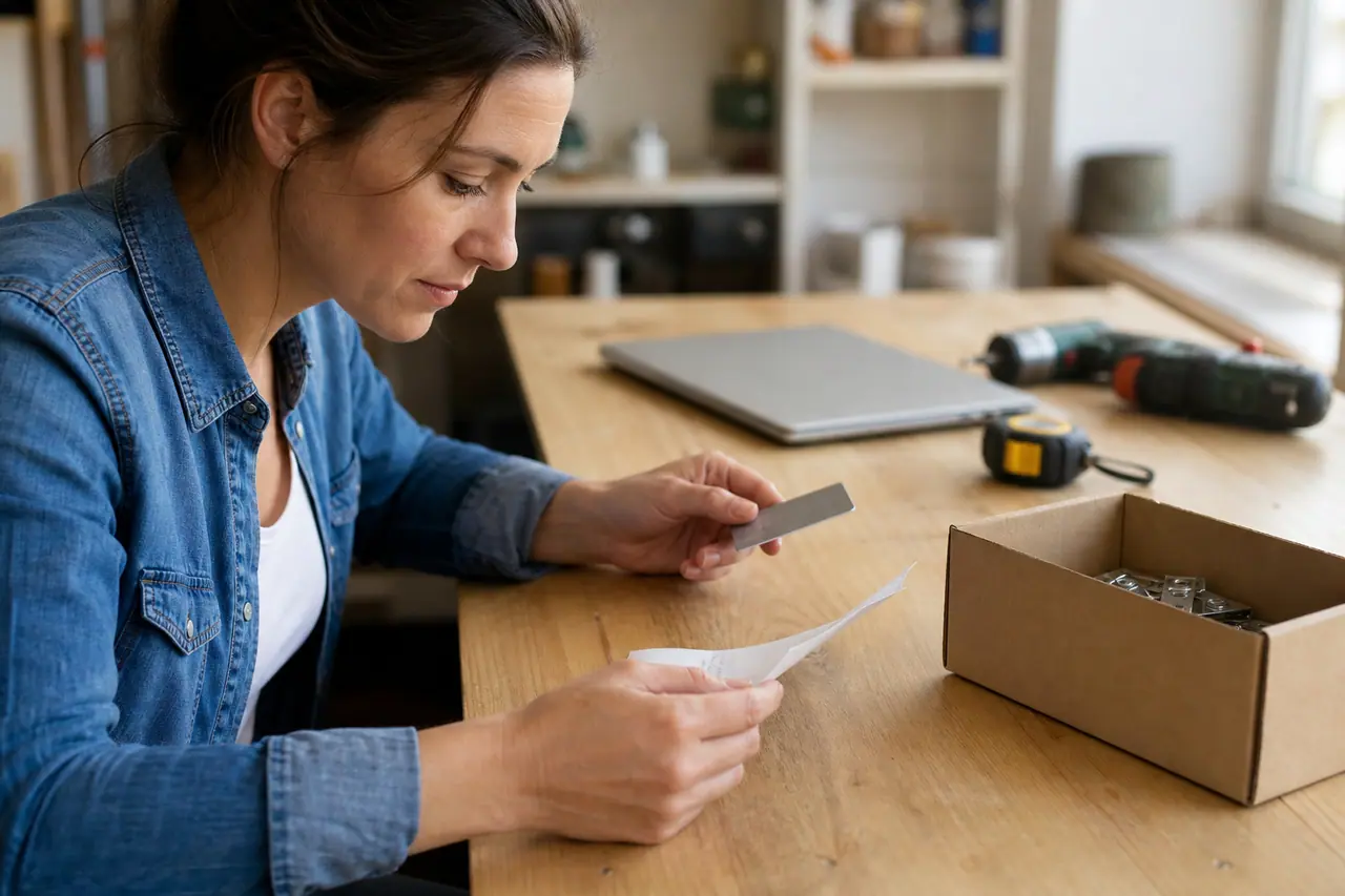 Bricoleuse vérifiant une commande et un paiement avant achat d’outillage.