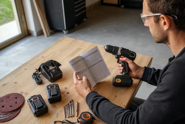 Bricoleur comparant une perceuse sans fil, ses batteries et ses accessoires sur établi.
