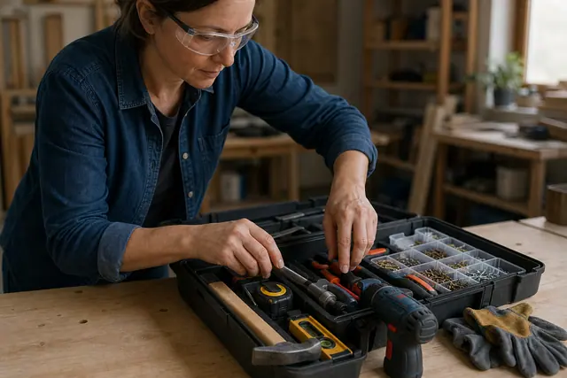 Boîte à outils organisée avec perceuse, pinces, mètre et protections sur établi.