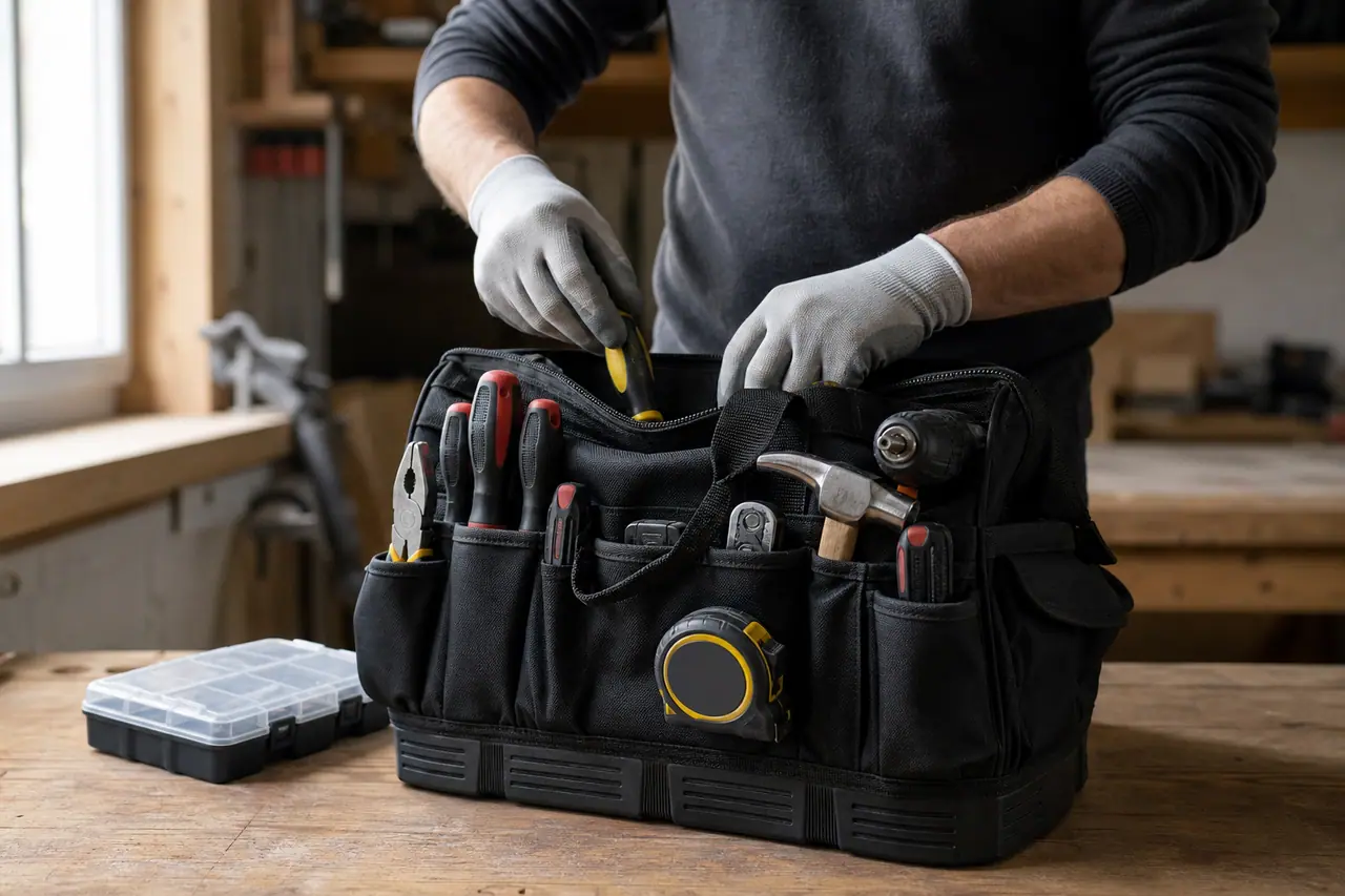Sac à outils renforcé ouvert et rangé sur un établi de bricolage.