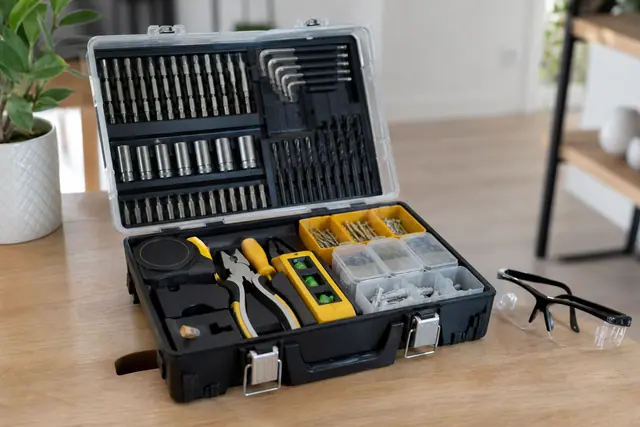 Mallette ouverte avec outils manuels et fixations rangés dans un appartement