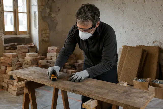 Bricoleur contrôlant une planche récupérée avant un aménagement intérieur durable.