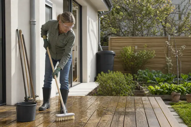 Particulier nettoyant une terrasse en bois dans un jardin au printemps.