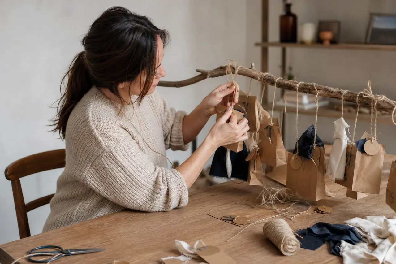 Calendrier de l’Avent en sachets kraft suspendus à une branche en bois.